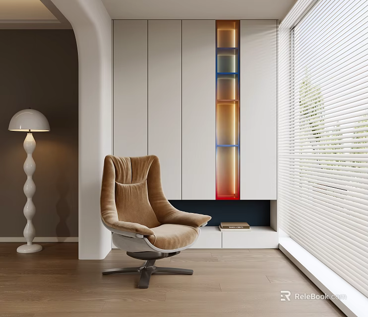 Home Balcony Featuring Brown Velvet Armchair White Floor Lamp White Blinds and Colorful Glass Block 3d model 