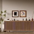 Wooden Entryway Console Table with Vertical Slat Design Decorative Vases Framed Artworks and Potted Plant