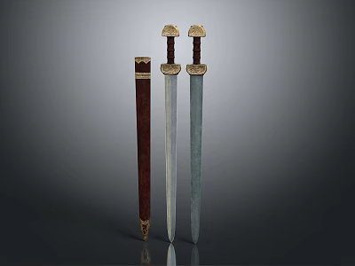 Traditional Decorative Swords With Red Hilt Silver Blades And Golden Accents 3d model