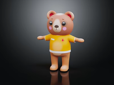 Cute Brown Bear Doll Wearing Yellow Shirt With Red Logo On Black Background With Reflection 3d model