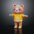 Cute Brown Bear Doll Wearing Yellow Shirt With Red Logo On Black Background With Reflection