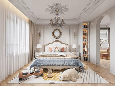 Cozy Kids Room Interior With Bed Chandelier Curtains Decorative Mirror And Playful Toys On Rug 3d model