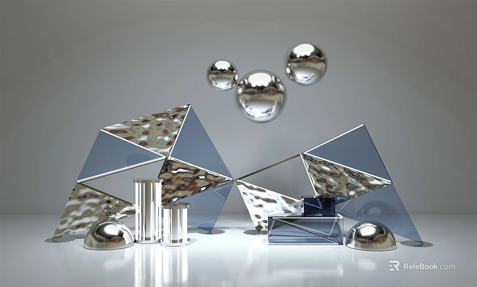 Modern Abstract Decorative Display With Silver Metallic Geometric Shapes Spheres And Reflective Surfaces 3d model 