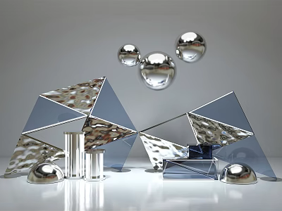 Modern Abstract Decorative Display With Silver Metallic Geometric Shapes Spheres And Reflective Surfaces 3d model
