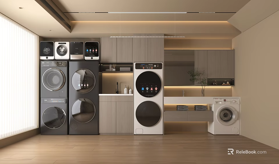 Stacked and Standalone Washing Machines in Modern Laundry Room with Gray White Cabinetry and Lighting 3d model 