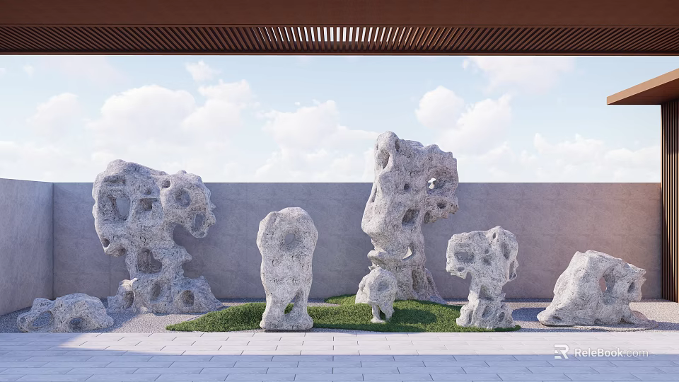 Artistic Garden Ornaments With Porous Rock Sculptures Green Grass Gray Wall And Wooden Canopy 3d model 