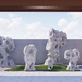 Artistic Garden Ornaments With Porous Rock Sculptures Green Grass Gray Wall And Wooden Canopy