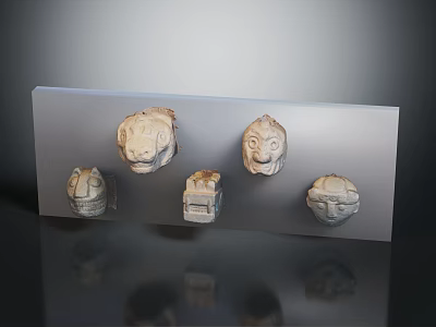 Ancient Stone Animal Head Sculptures Display On Transparent Panel With Square Carving 3d model