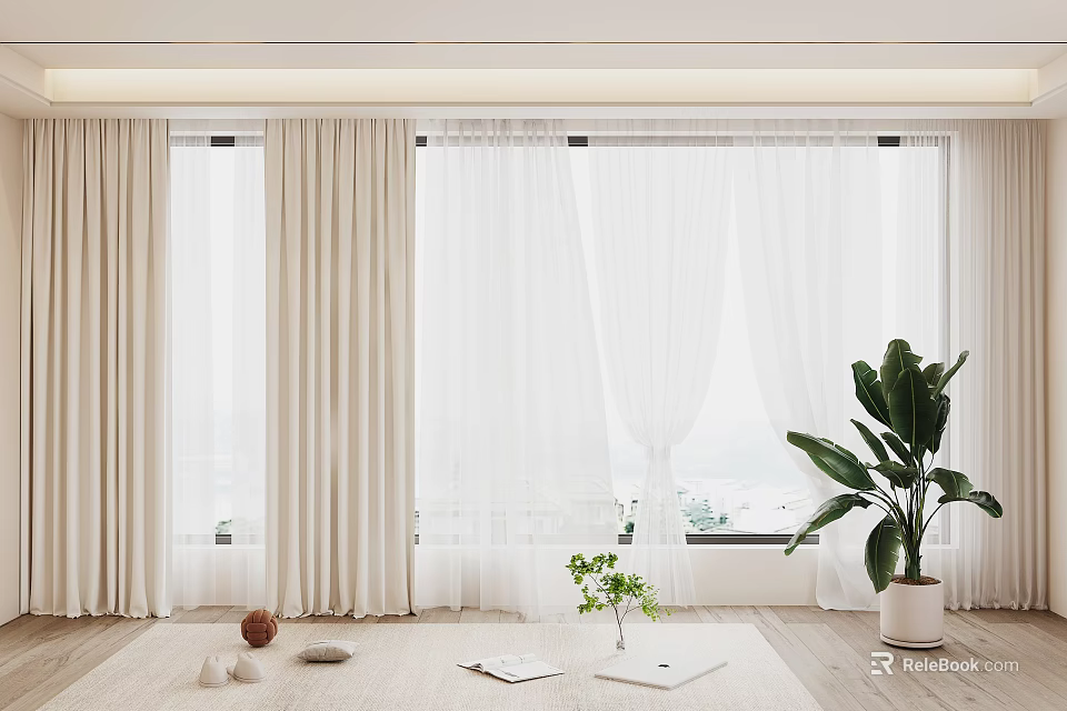 Beige Sheer Curtains in Modern Living Room with Natural Light and Potted Plant on Wooden Floor 3d model 