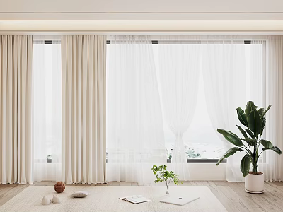 Beige Sheer Curtains in Modern Living Room with Natural Light and Potted Plant on Wooden Floor 3d model