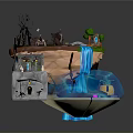 Whimsical Miniature Landscape With Cliff Waterfall Blue Water Windmill And Small Trees