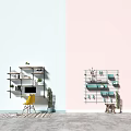Light Blue Wall Cabinets On Pink Wall With Green Plants And Wooden Stool