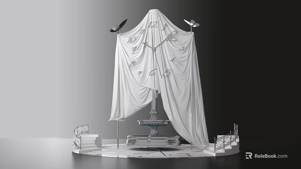 Modern Art Installation With White Fabric Clock Patterns Wing Like Structures Steps And Platform 3d model 
