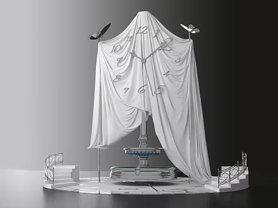 Modern Art Installation With White Fabric Clock Patterns Wing Like Structures Steps And Platform 3d model