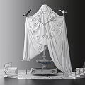 Modern Art Installation With White Fabric Clock Patterns Wing Like Structures Steps And Platform