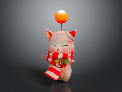 Cartoon Pig In Santa Hat With Red White Striped Scarf Holly Branch And Orange Ball 3d model
