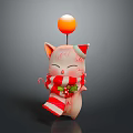 Cartoon Pig In Santa Hat With Red White Striped Scarf Holly Branch And Orange Ball