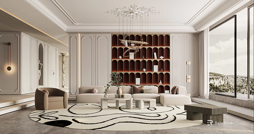 Elegant Living Room Interior With Paneled Walls Red Bookshelf Chandelier Sofa And Area Rug 3d model 