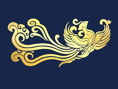 Golden Phoenix Carving With Intricate Scroll Patterns On Dark Blue Background 3d model