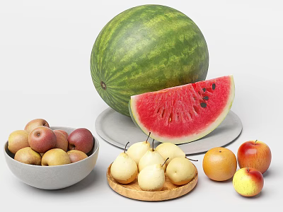 Fresh Assorted Fruits Display With Sliced Watermelon Apples Pears And Ripe Peaches On Plates 3d model