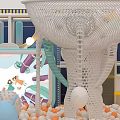 Kids Playground With Net Structure Green Slide Ball Pit Orange White Balls And Cartoon Background