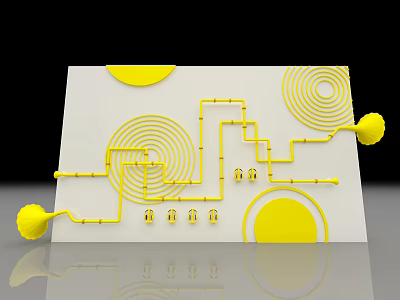 Abstract Geometric Design With Yellow Lines Concentric Circles And Spheres On White Background 3d model