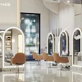 Stylish Modern Hair Salon Interior With Arched Mirrors And Comfortable Orange Chairs