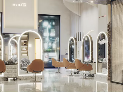 Stylish Modern Hair Salon Interior With Arched Mirrors And Comfortable Orange Chairs 3d model