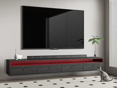 Large Black TV On Modern Gray TV Stand With Red Drawer Cat And Potted Plant 3d model