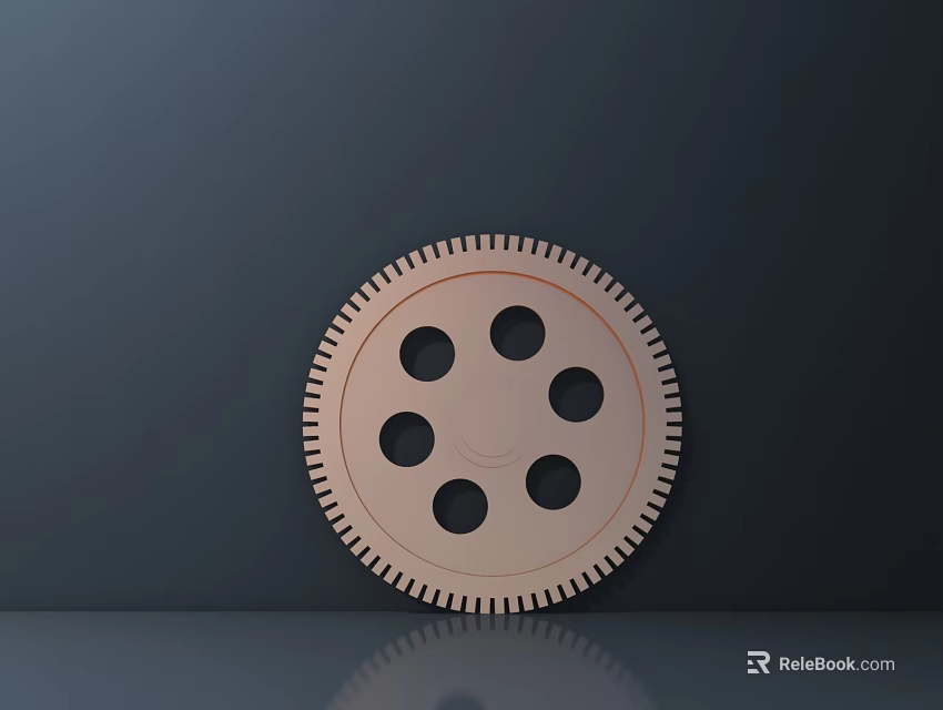 Light Brown Circular Gear With Toothed Edge And Multiple Holes On Dark Reflective Background 3d model 