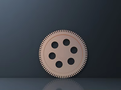 Light Brown Circular Gear With Toothed Edge And Multiple Holes On Dark Reflective Background 3d model
