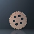 Light Brown Circular Gear With Toothed Edge And Multiple Holes On Dark Reflective Background