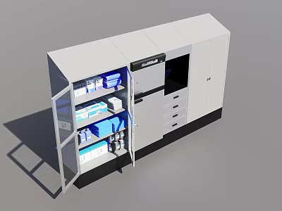 Medical Equipment Cabinet With Open Door Blue Items Drawers And Control Panel 3d model