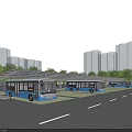 Modern Urban Public Bus Station With Multiple Parked Blue Buses Near City High Rise Buildings