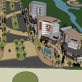 Modern Commercial Street Design With Green Spaces Water Features And Pedestrian Areas