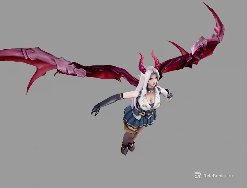 Game And Movie Female Character With Long White Hair Red Wings And Horns 3d model 