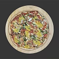Delicious Pizza Topped With Fresh Vegetables Chicken And Cheese On Wooden Board