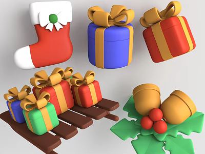 Christmas Ornament Decorative Set With Stocking Gift Boxes Bells And Holly Berries 3d model