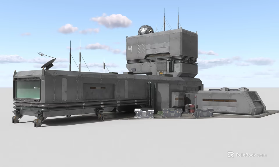 Cartoon Mobile Command Center Building With Antennas Satellite Dish Radar And Wheels Under Blue Sky 3d model 