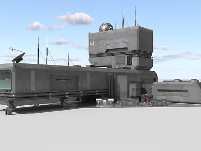 Cartoon Mobile Command Center Building With Antennas Satellite Dish Radar And Wheels Under Blue Sky 3d model