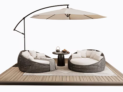 Outdoor Wicker Sofa with White Cushions and Round Table Under Curved Umbrella on Wooden Deck 3d model