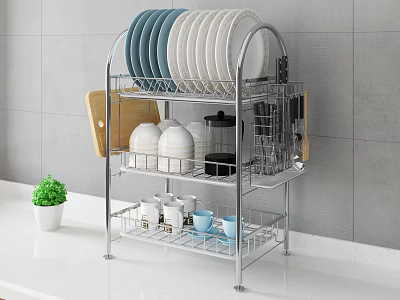 Stainless Steel Dish Rack for Kitchen Cabinet Countertop with Plates Bowls Cups 3d model