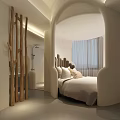 Modern Elegant Hotel Room With Large Windows White Bed White Chair TV And Green Plant