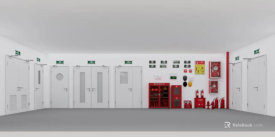 Fire Safety Equipment Setup Featuring Red Cabinets Extinguishers White Doors And Wall Signs 3d model 
