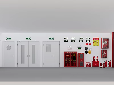 Fire Safety Equipment Setup Featuring Red Cabinets Extinguishers White Doors And Wall Signs 3d model