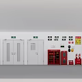 Fire Safety Equipment Setup Featuring Red Cabinets Extinguishers White Doors And Wall Signs