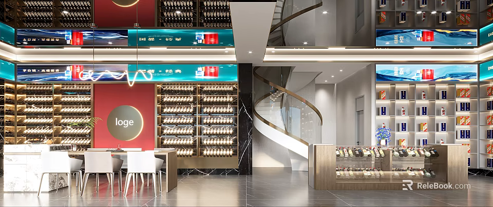 Tobacco and Wine Shop Interior Design with Spiral Staircase Red Walls Wine Racks Display Cabinets and Tables 3d model 