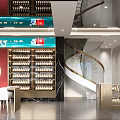 Tobacco and Wine Shop Interior Design with Spiral Staircase Red Walls Wine Racks Display Cabinets and Tables