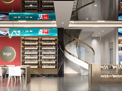 Tobacco and Wine Shop Interior Design with Spiral Staircase Red Walls Wine Racks Display Cabinets and Tables 3d model