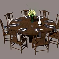 Traditional Wooden Dining Table And Chair Set With Round Top Eight Chairs And Flower Vase